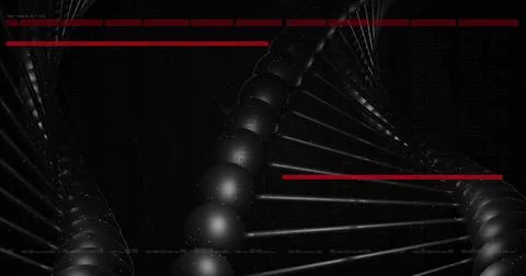 Twisting double helix structure floating through virtual space, with red bars Illustrazione stock