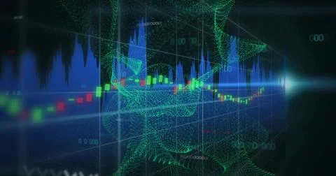 Twisting green point cloud helix moving inside 3D grid with candlestick bars  Stock Illustration