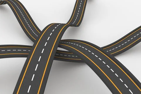 Twisting highway segments are overlapping in 3D render with dashed white Stock Photos