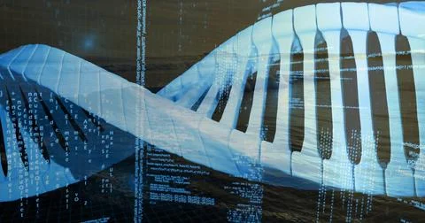Twisting large translucent DNA double helix glowing above dark ocean surface, Stock Photos
