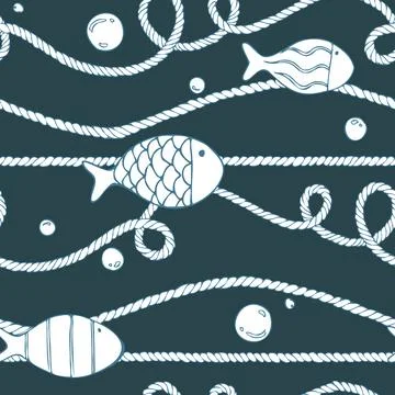 Twisting ropes with fish and bubbles against the deep turquoise night sea Stock Illustration
