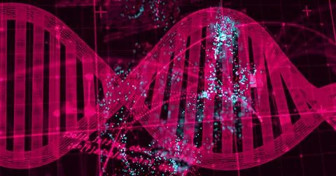 Twisting stylized DNA double helix glowing across digital lab display, with cyan 库存插图