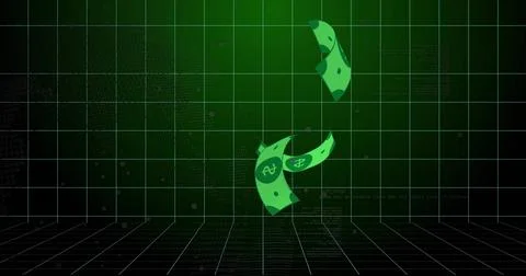 Twisting three stylized green banknotes falling above grid floor and tiled wall, Stockillustratie