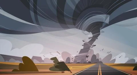 Twisting Tornado Over High Road Hurricane Landscape Of Storm Waterspout In Field Stock Illustration