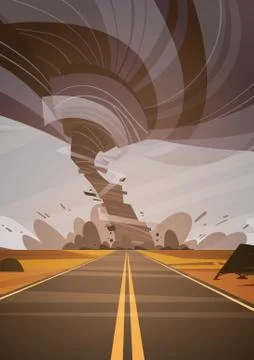 Twisting Tornado Over High Road Hurricane Landscape Of Storm Waterspout In Field Stock Illustration