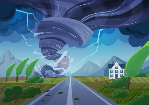 Twisting tornado over road destroying civil building. Hurricane storm in Ilustração Stock