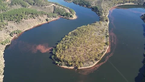 Twisting Waterway and Tree-Covered Island in a Remote Mountain Region Vidéo 334349226