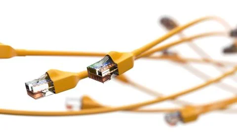 Twisting yellow internet cables. conceptual 3d illustration of ethernet cable Stock Illustration