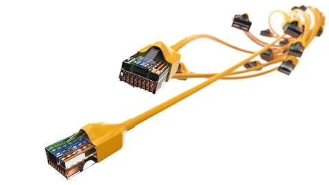 Twisting yellow internet cables. conceptual 3d illustration of ethernet cable Stock Illustration