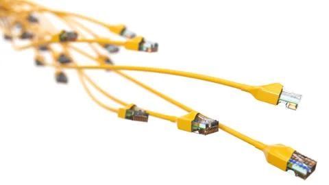 Twisting yellow internet cables. conceptual 3d illustration of ethernet cable Stock Illustration
