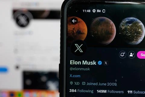 Twitter changes name to X. Elon Musk twitter account. Stock Photos