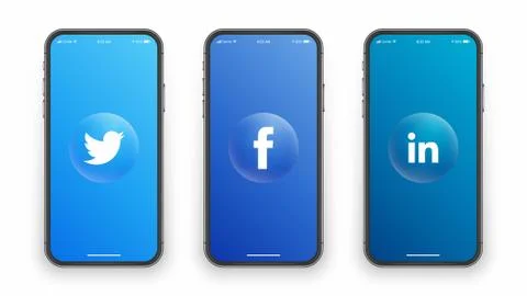 Twitter Facebook Linkedin Logo On Iphone Screen Stock Illustration
