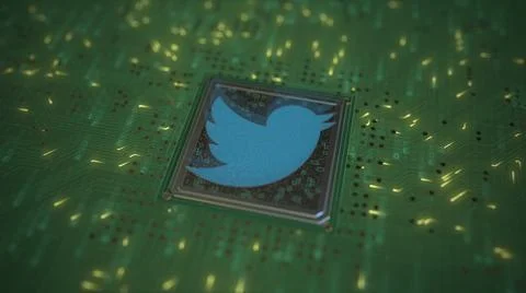 TWITTER logo on the processor on computer board. Conceptual editorial 3d Stockillustratie