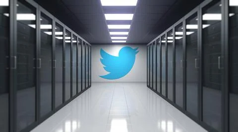 Twitter logo on the wall of the server room. Editorial 3D rendering Stock Illustration