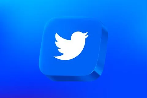 Twitter messaging platform button on blue background. Vector 3d editorial i.. Illustrazione stock