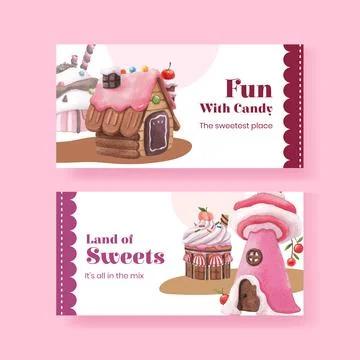 Twitter template with candy land concept design watercolor illustration Stock Illustration