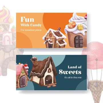 Twitter template with candy land concept design watercolor illustration Stock Illustration