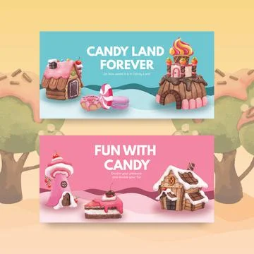 Twitter template with candy land concept design watercolor illustration Stock Illustration