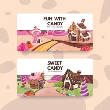 Twitter template with candy land concept design watercolor illustration Stock Illustration