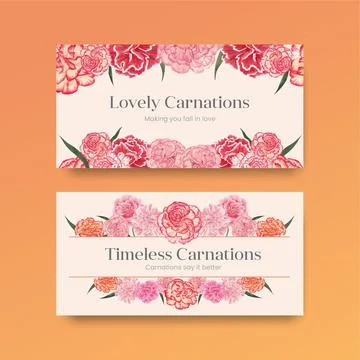 Twitter template with carnation flower concept, watercolor style Stock Illustration