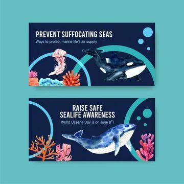 Twitter template design for World Oceans Day concept with marine animals wate Stock Illustration
