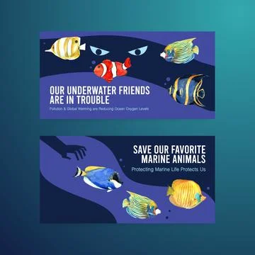Twitter template design for World Oceans Day concept with marine animals wate Stock Illustration