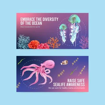 Twitter template design for World Oceans Day concept with marine animals wate Stock Illustration
