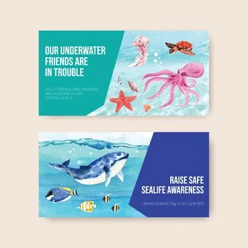 Twitter template design for World Oceans Day concept with marine animals wate Stock Illustration