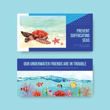 Twitter template design for World Oceans Day concept with marine animals wate Stock Illustration