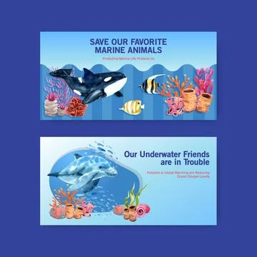 Twitter template design for World Oceans Day concept with marine animals wate Stock Illustration