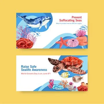 Twitter template design for World Oceans Day concept with marine animals wate Stock Illustration