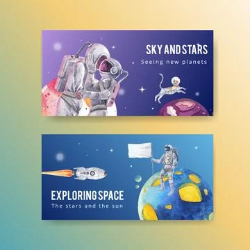 Twitter template with galaxy concept design watercolor illustration Stock Illustration