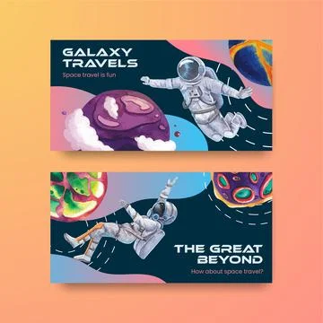 Twitter template with galaxy concept design watercolor illustration Stock Illustration