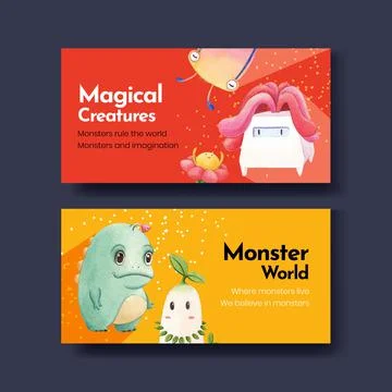 Twitter template with monster concept design watercolor illustration Stock Illustration