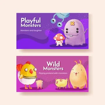 Twitter template with monster concept design watercolor illustration Stock Illustration