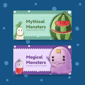 Twitter template with monster concept design watercolor illustration Stock Illustration