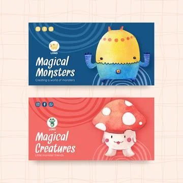 Twitter template with monster concept design watercolor illustration Stock Illustration