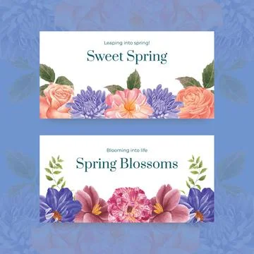 Twitter template with spring bright concept design watercolor illustration Stock Illustration