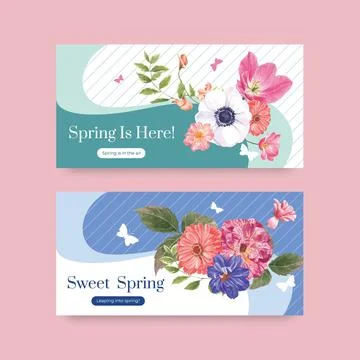 Twitter template with spring bright concept design watercolor illustration Stock Illustration