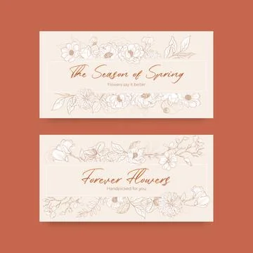 Twitter template with spring line art concept design watercolor illustration Stock Illustration