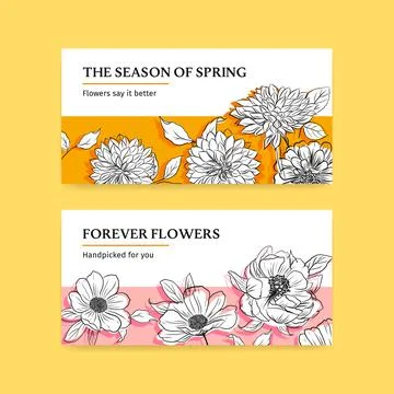 Twitter template with spring line art concept design watercolor illustration Stock Illustration