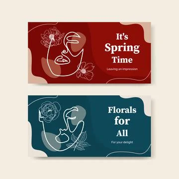 Twitter template with spring line art concept design watercolor illustration Stock Illustration