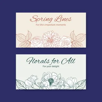 Twitter template with spring line art concept design watercolor illustration Stock Illustration