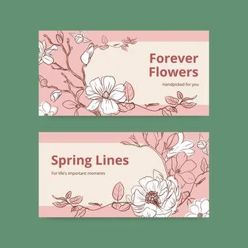 Twitter template with spring line art concept design watercolor illustration Stock Illustration