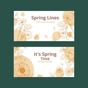 Twitter template with spring line art concept design watercolor illustration Stock Illustration