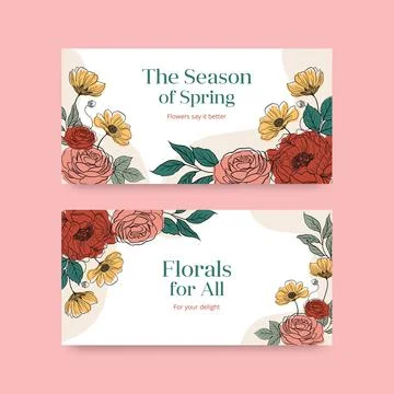 Twitter template with spring line art concept design watercolor illustration Stock Illustration