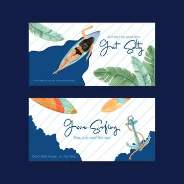 Twitter template with surfboards at beach design for summer vacation tropical Stock Illustration