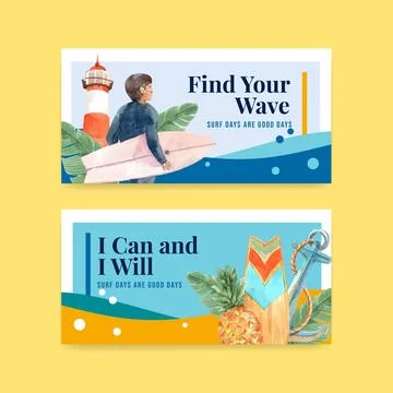 Twitter template with surfboards at beach design for summer vacation tropical Stock Illustration