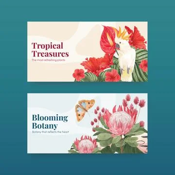 Twitter template with tropical botany concept, watercolor style 库存插图