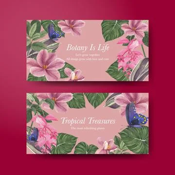 Twitter template with tropical botany concept, watercolor style 库存插图